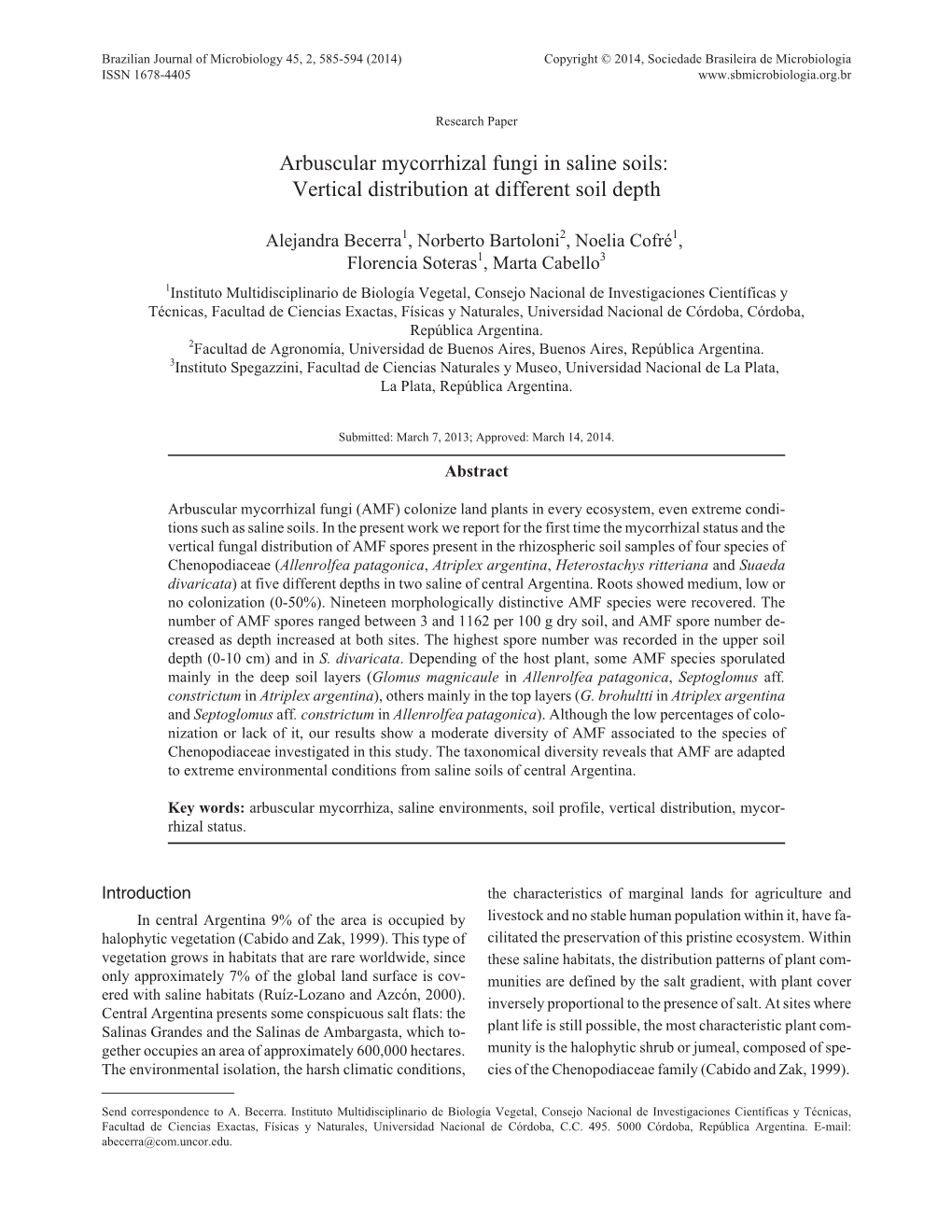 Arbuscular Mycorrhizal Fungi in Saline Soils: Vertical Distribution at Different Soil Depth