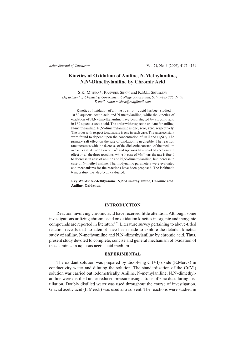 Kinetics of Oxidation of Aniline, N-Methylaniline, N,N'-Dimethylaniline by Chromic Acid