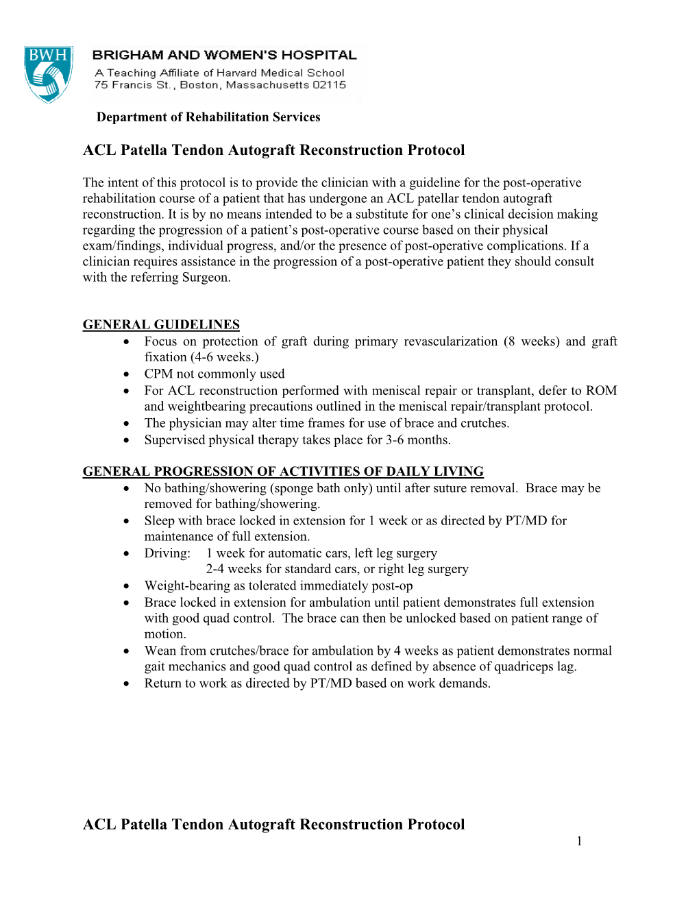 ACL Patellar Tendon Autograft Reconstruction Protocol