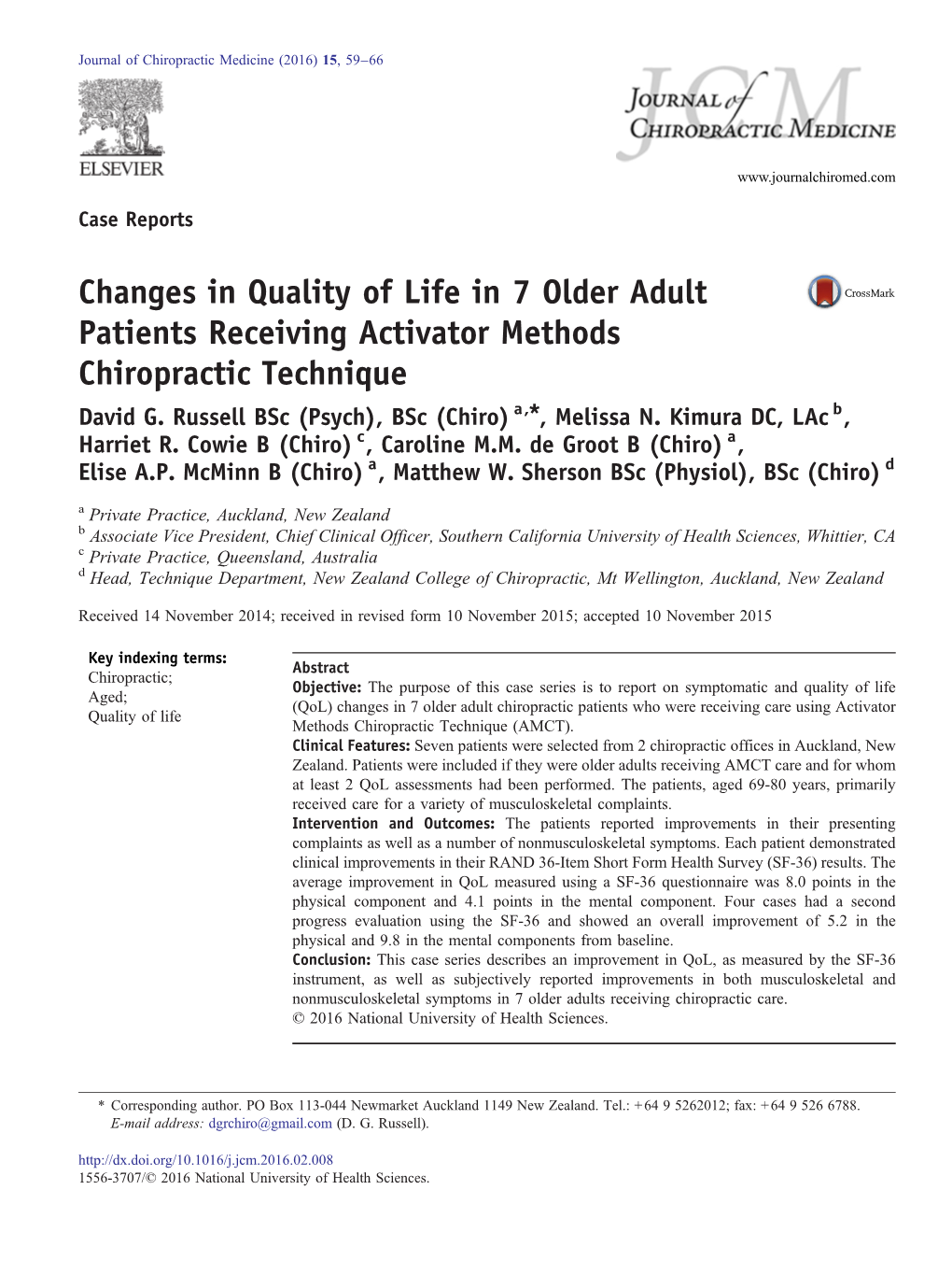 Changes in Quality of Life in 7 Older Adult Patients Receiving Activator Methods Chiropractic Technique ⁎ David G