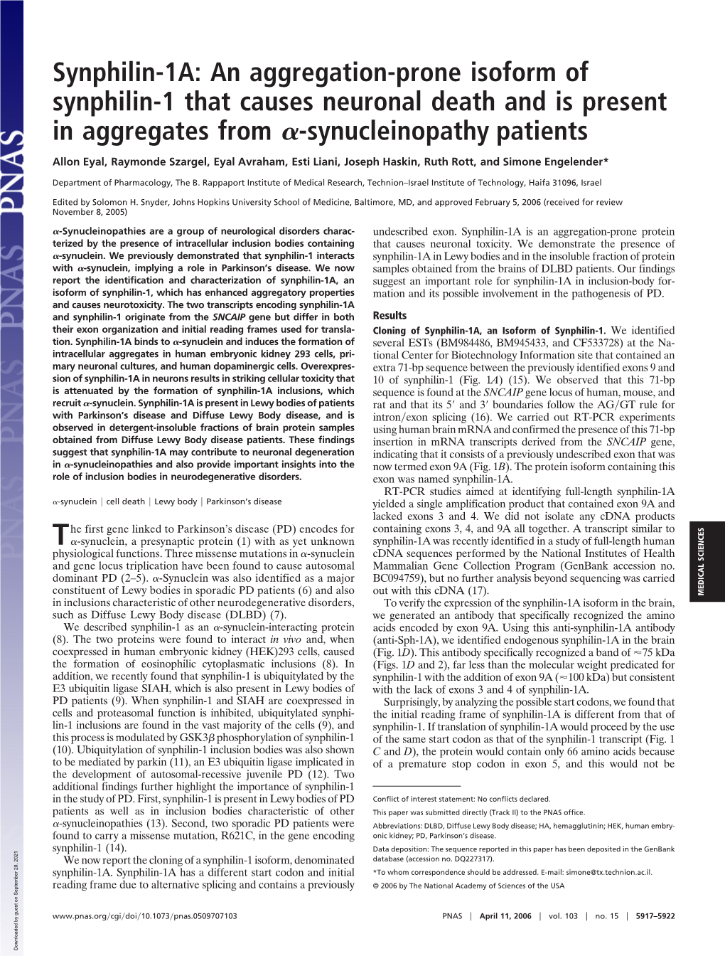 Synphilin-1A: an Aggregation-Prone Isoform of Synphilin-1 That Causes Neuronal Death and Is Present in Aggregates from ␣-Synucleinopathy Patients