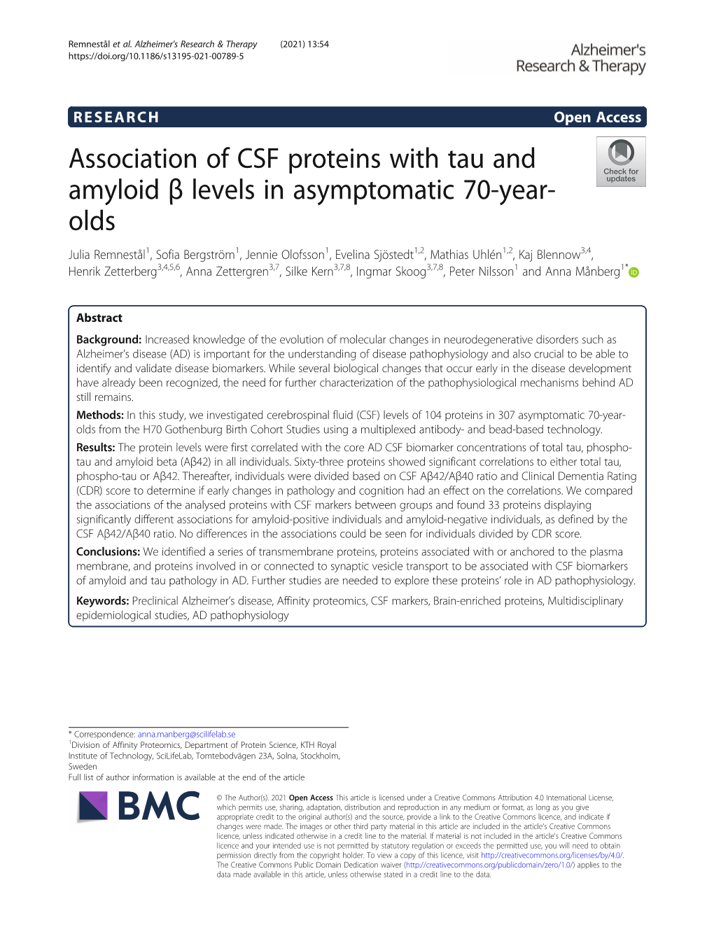 Association of CSF Proteins with Tau and Amyloid Β Levels In