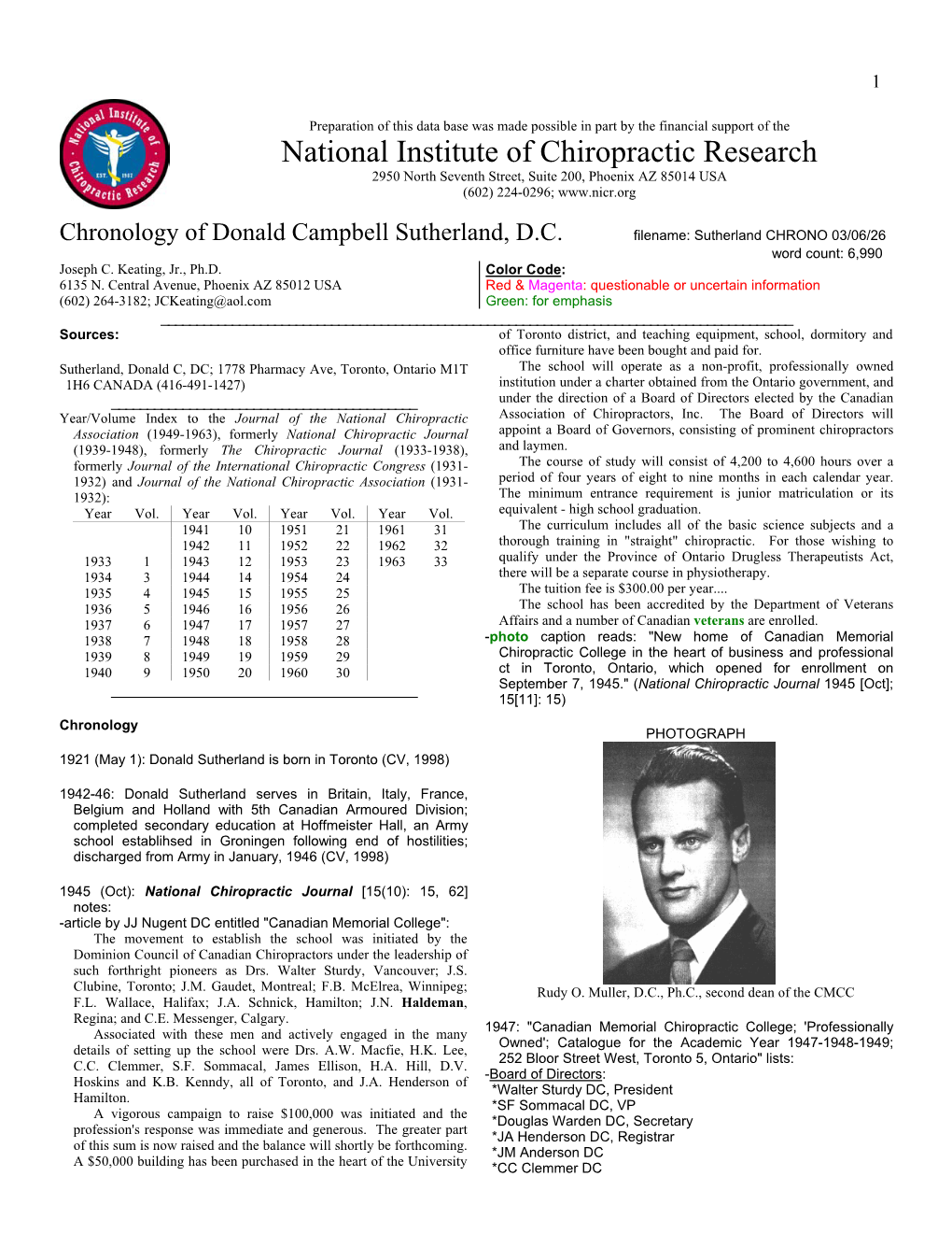 Chronology of the Early History of the Canadian Memorial Chiropractic College