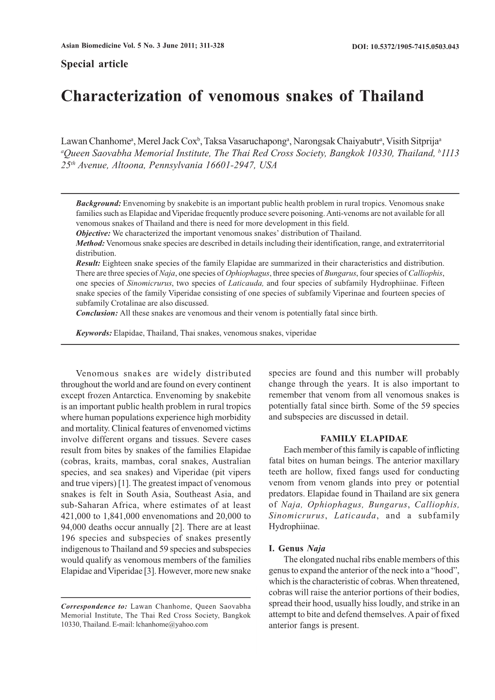 Characterization of Venomous Snakes of Thailand