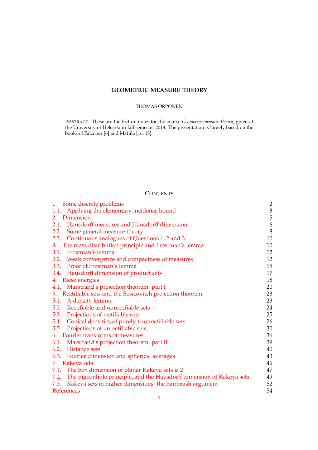 GEOMETRIC MEASURE THEORY 1. Some Discrete Problems 2 1.1