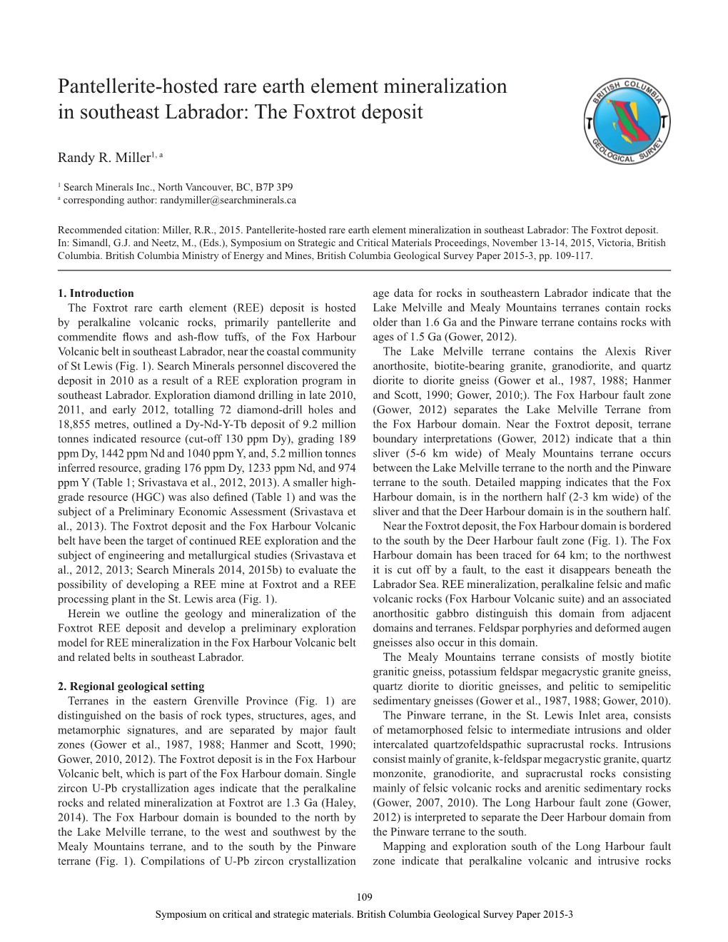 Pantellerite-Hosted Rare Earth Element Mineralization in Southeast Labrador: the Foxtrot Deposit