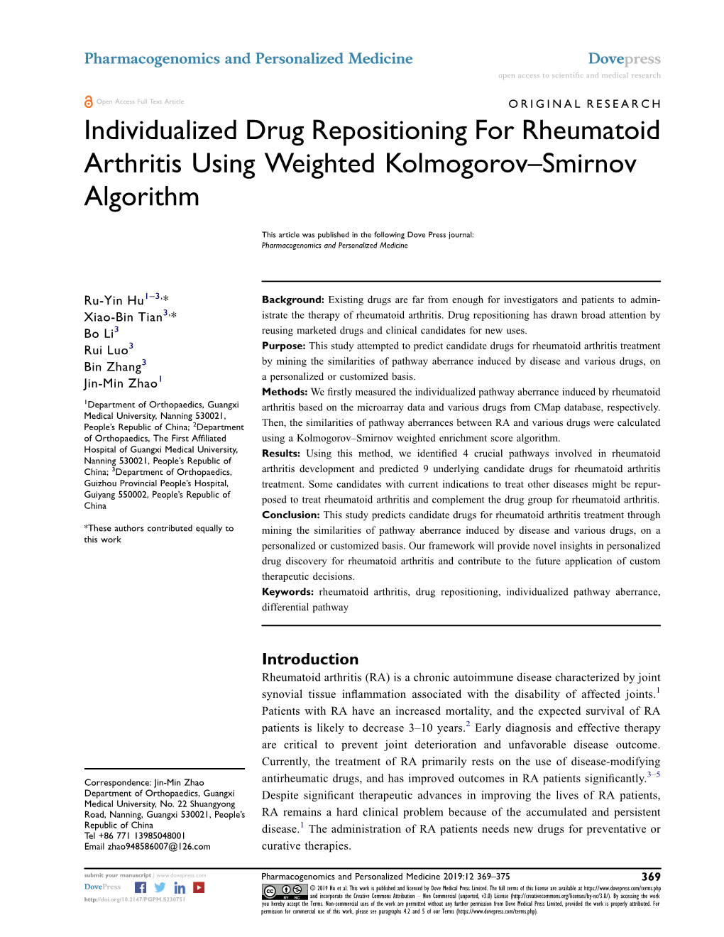 Individualized Drug Repositioning for Rheumatoid Arthritis Using Weighted Kolmogorov–Smirnov Algorithm