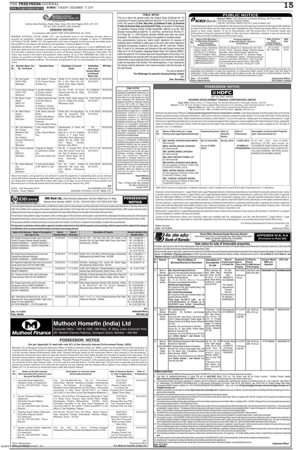 Muthoot Homefin (India) Ltd Corporate Office : 1201 & 1202, 12Th Floor, ‘A’ Wing, Lotus Corporate Park, Off