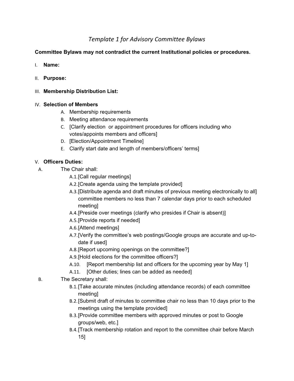 Template 1 for Advisory Committee Bylaws