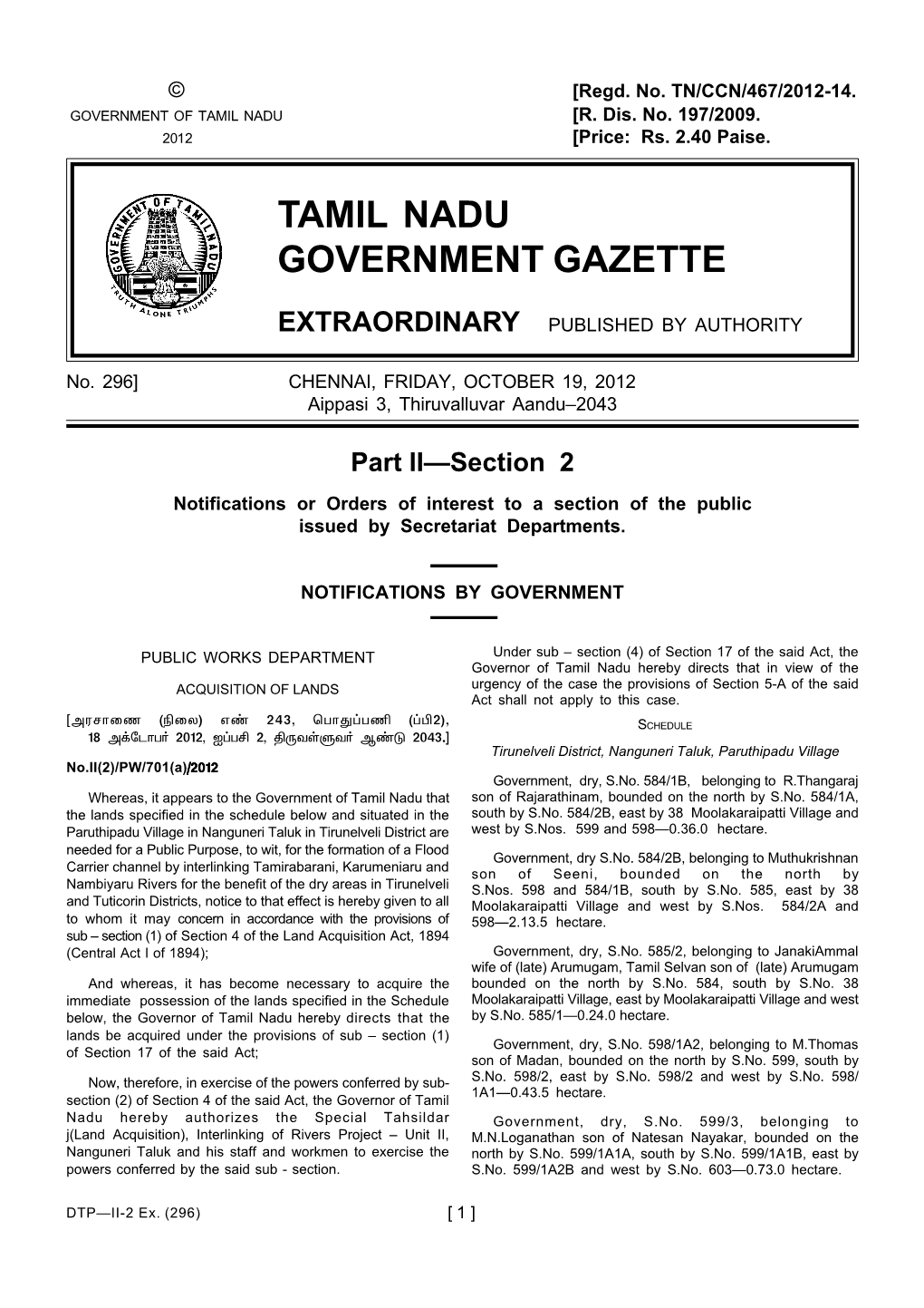 296] CHENNAI, FRIDAY, OCTOBER 19, 2012 Aippasi 3, Thiruvalluvar Aandu–2043