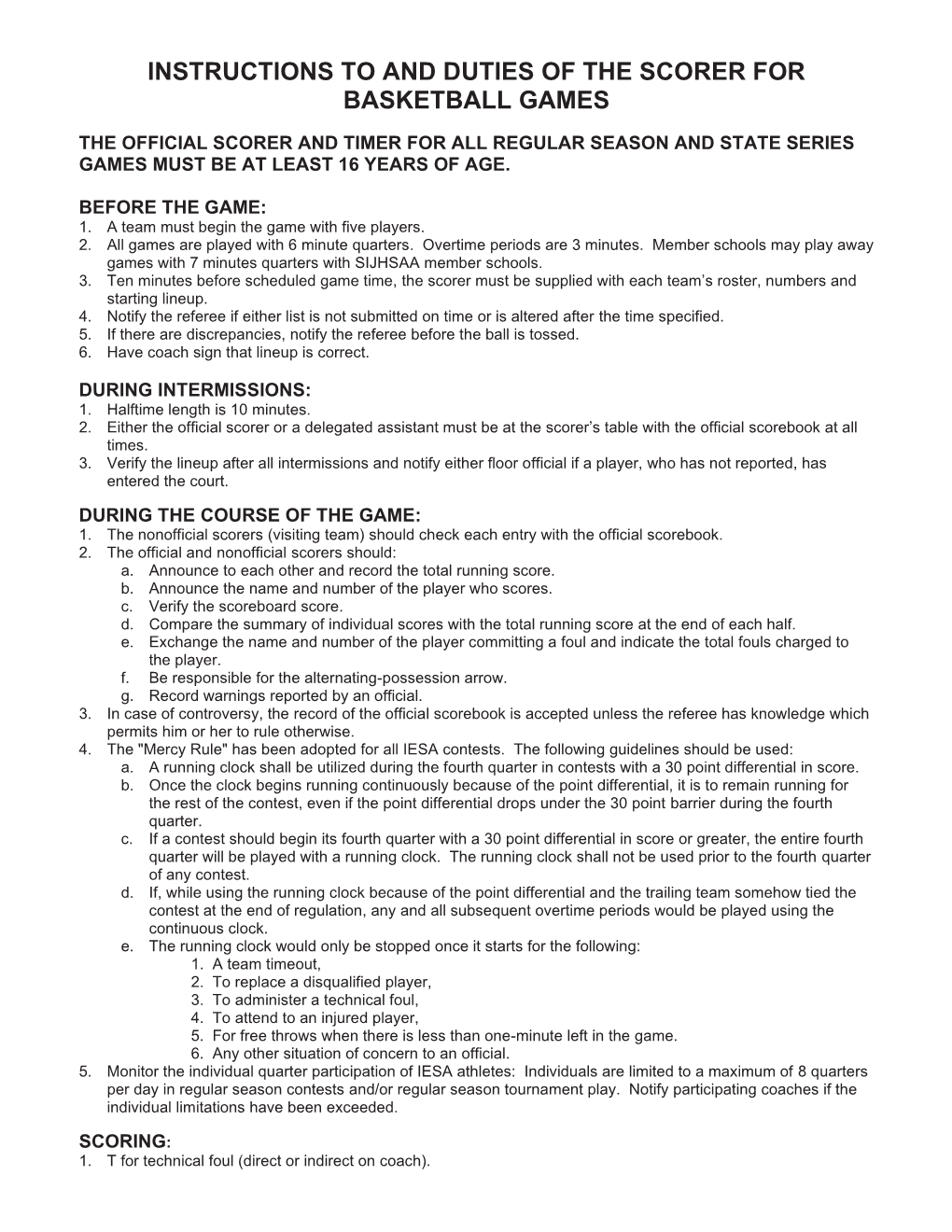 Instructions to and Duties of the Scorer for Basketball Games