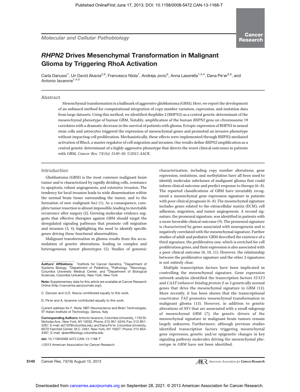 RHPN2 Drives Mesenchymal Transformation in Malignant Glioma by Triggering Rhoa Activation