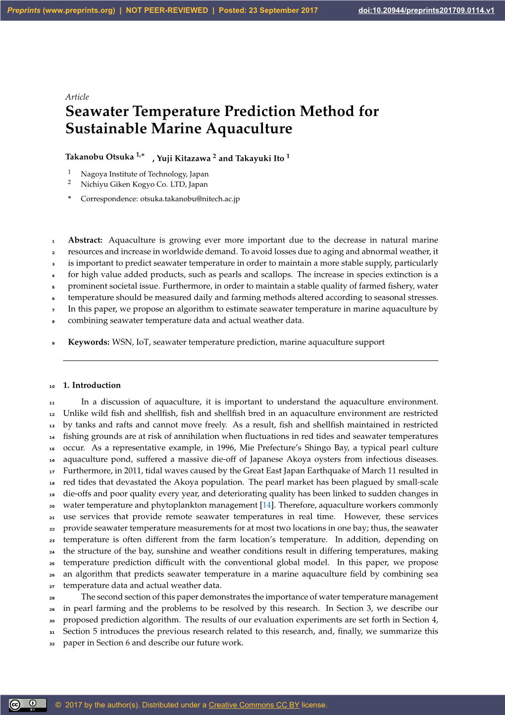 Seawater Temperature Prediction Method for Sustainable Marine Aquaculture