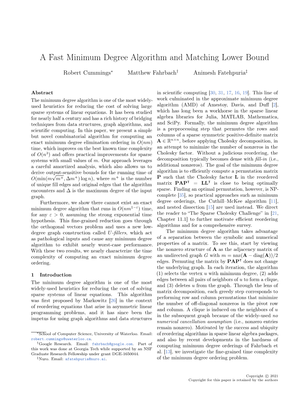 A Fast Minimum Degree Algorithm and Matching Lower Bound