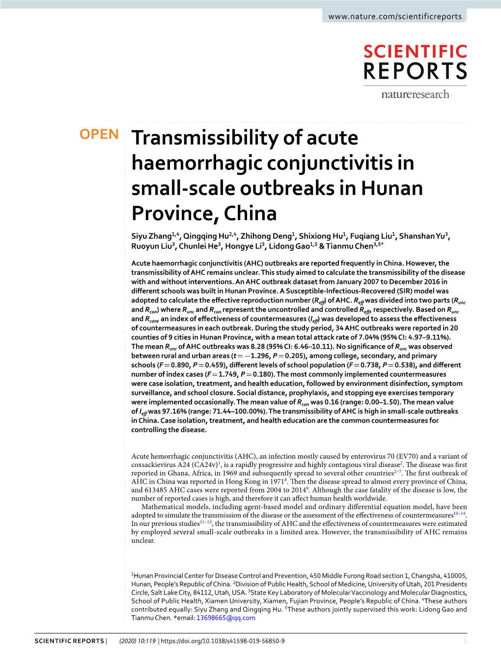 Transmissibility of Acute Haemorrhagic Conjunctivitis in Small-Scale