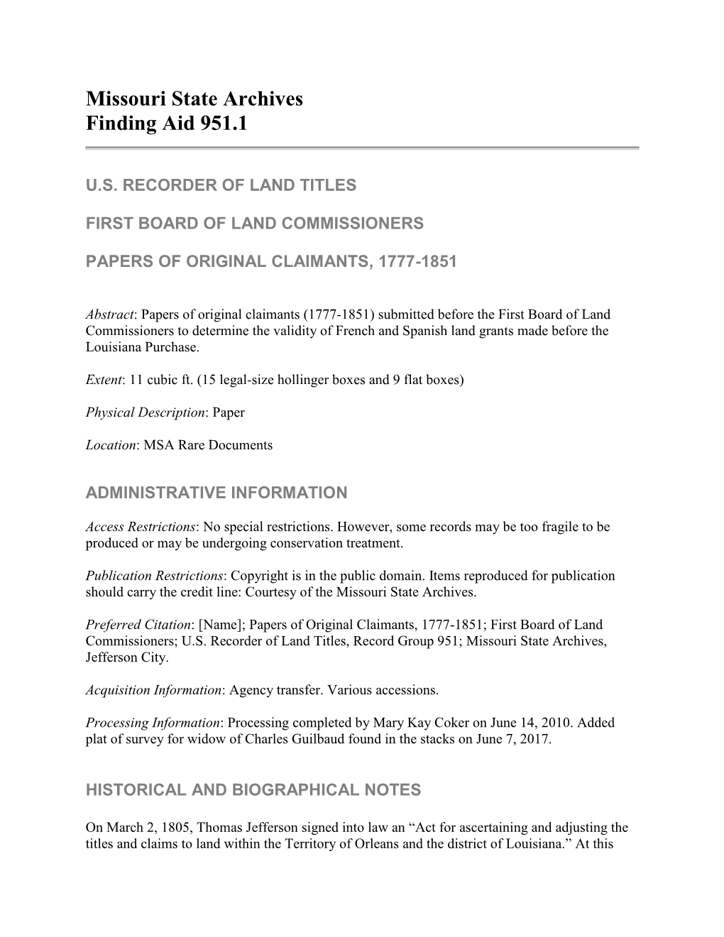 Papers of Original Claimants (Other Than 2Nd Board)