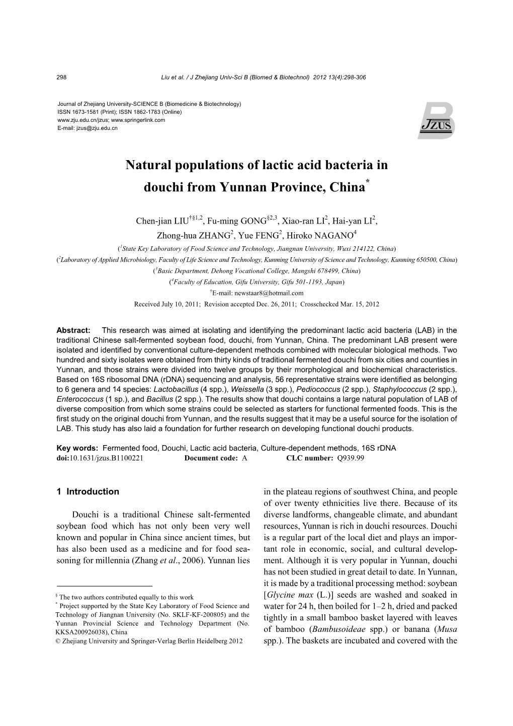 Natural Populations of Lactic Acid Bacteria in Douchi from Yunnan Province, China*