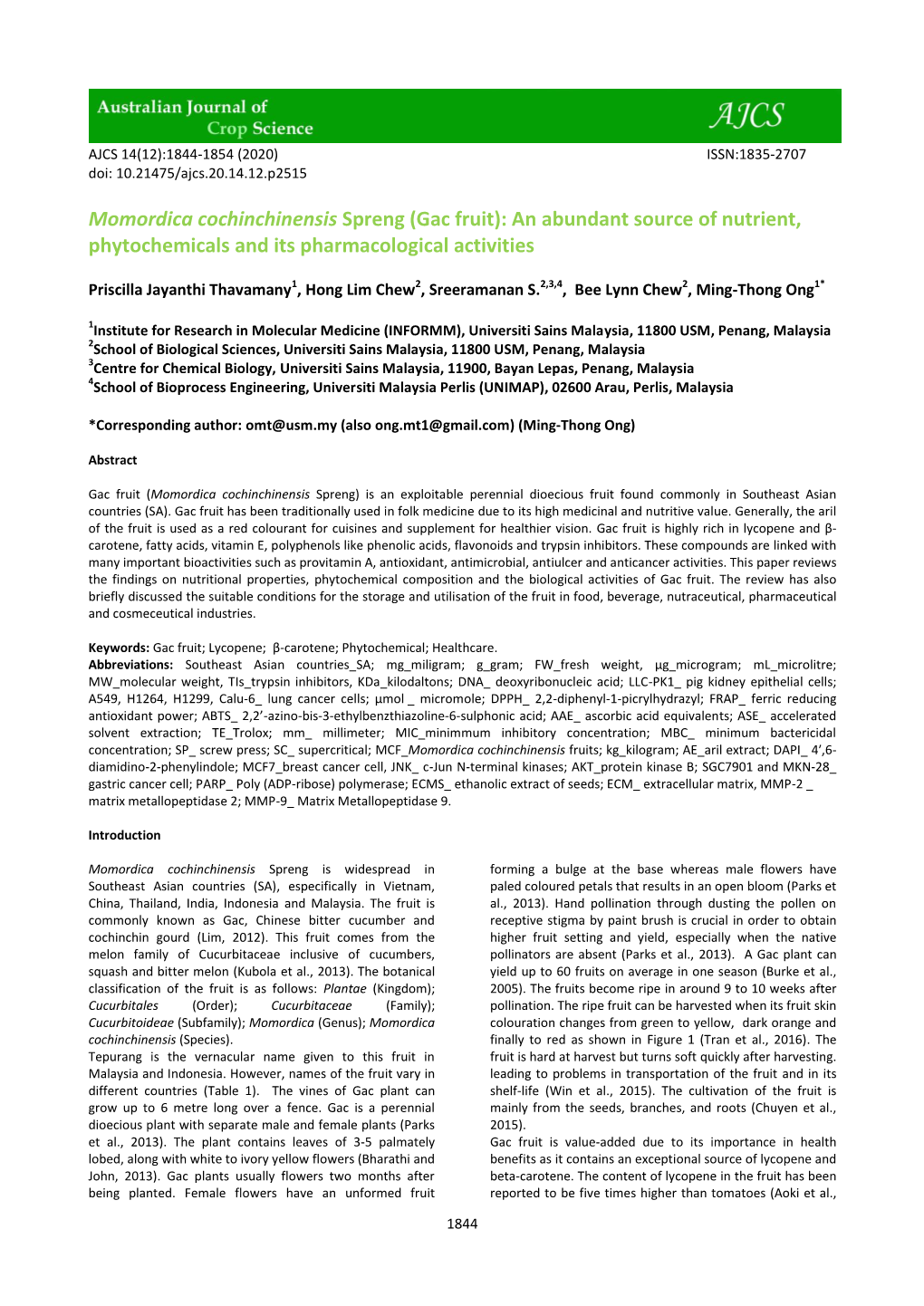 Momordica Cochinchinensis Spreng (Gac Fruit): an Abundant Source of Nutrient, Phytochemicals and Its Pharmacological Activities