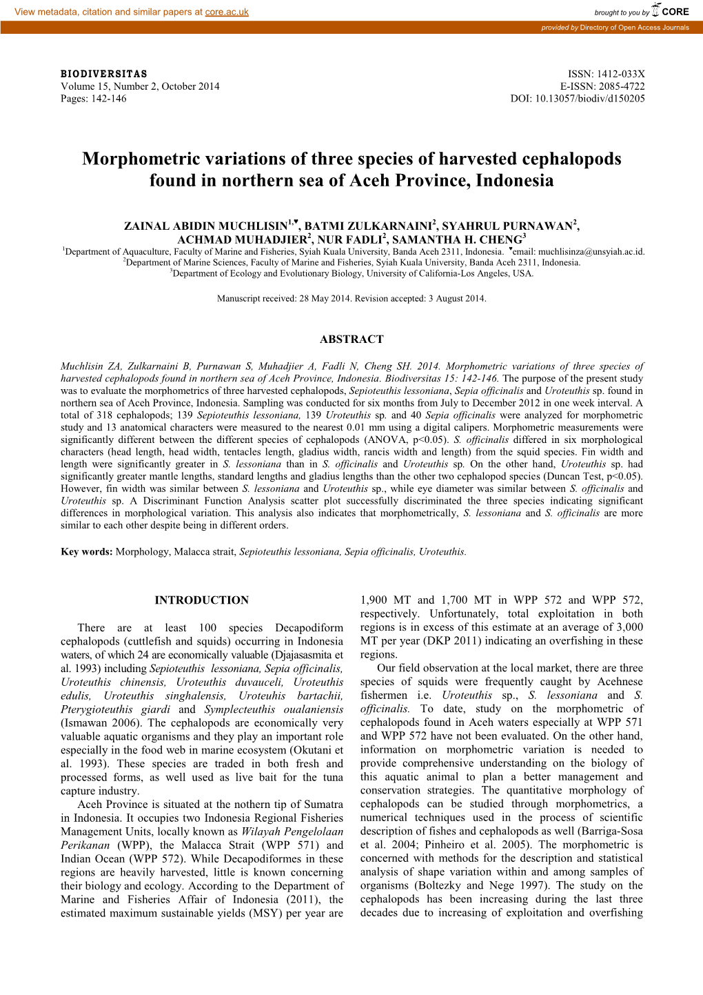 Morphometric Variations of Three Species of Harvested Cephalopods Found in Northern Sea of Aceh Province, Indonesia