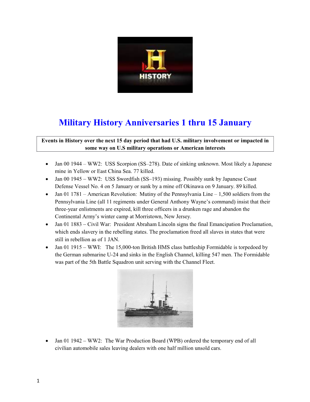 Military History Anniversaries 1 Thru 15 January