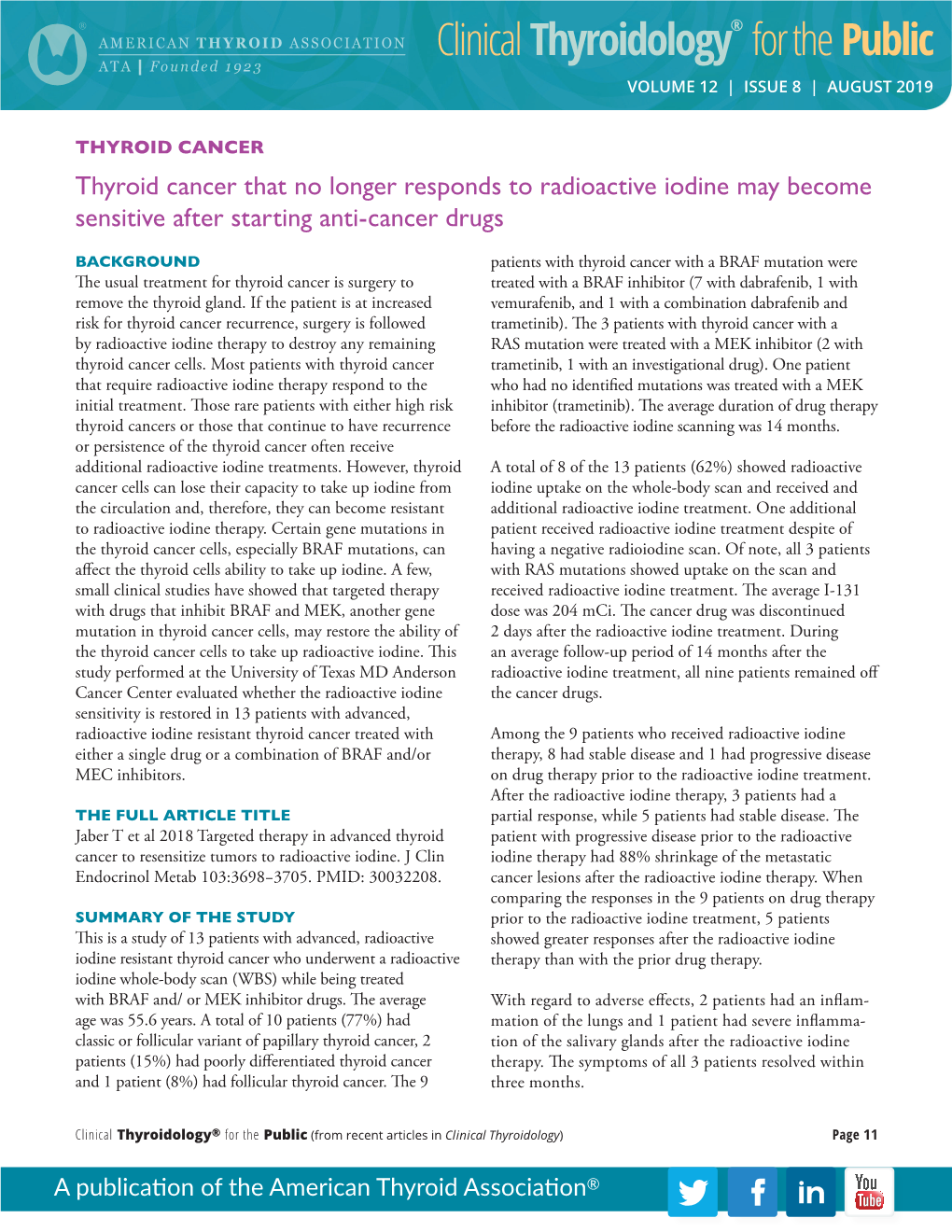 Thyroid Cancer That No Longer Responds to Radioactive Iodine May Become Sensitive After Starting Anti-Cancer Drugs