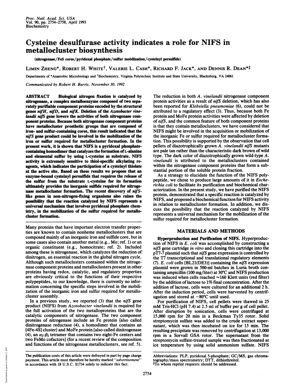 Cysteine Desulfurase Activity Indicates a Role for NIFS in Metallocluster