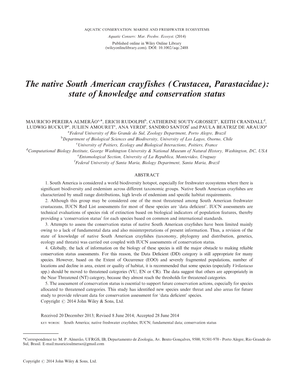 The Native South American Crayfishes (Crustacea, Parastacidae): State of Knowledge and Conservation Status