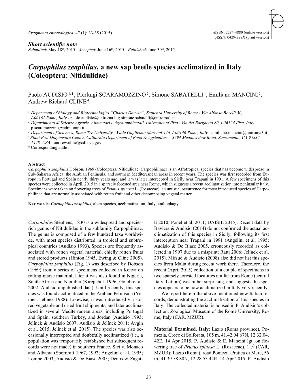 Carpophilus Zeaphilus, a New Sap Beetle Species Acclimatized in Italy (Coleoptera: Nitidulidae)