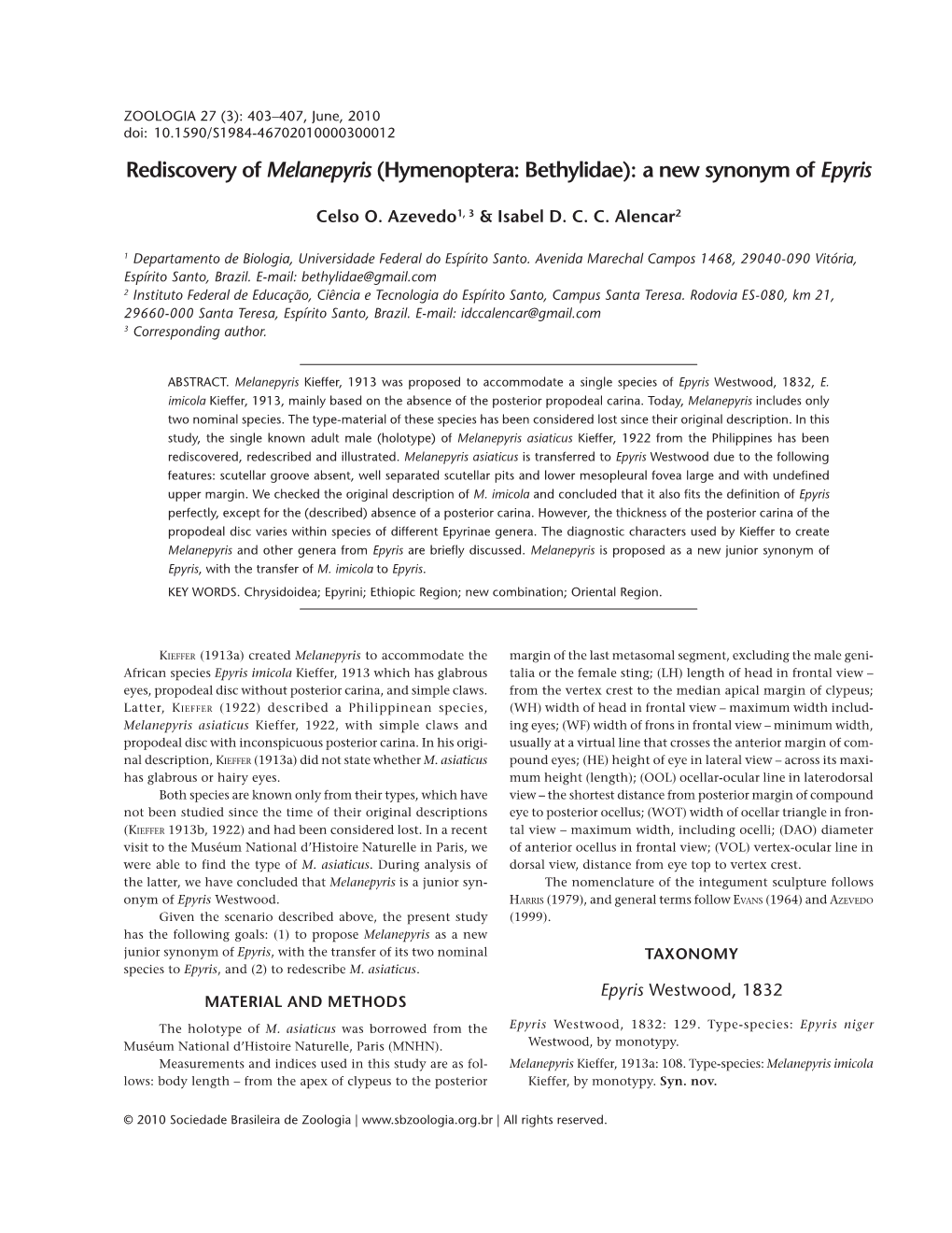 Hymenoptera: Bethylidae): a New Synonym of Epyris