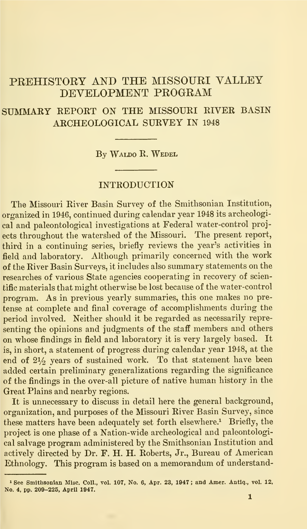 Development Program Summary Repoet on the Missouri River Basin Archeological Survey in 1948