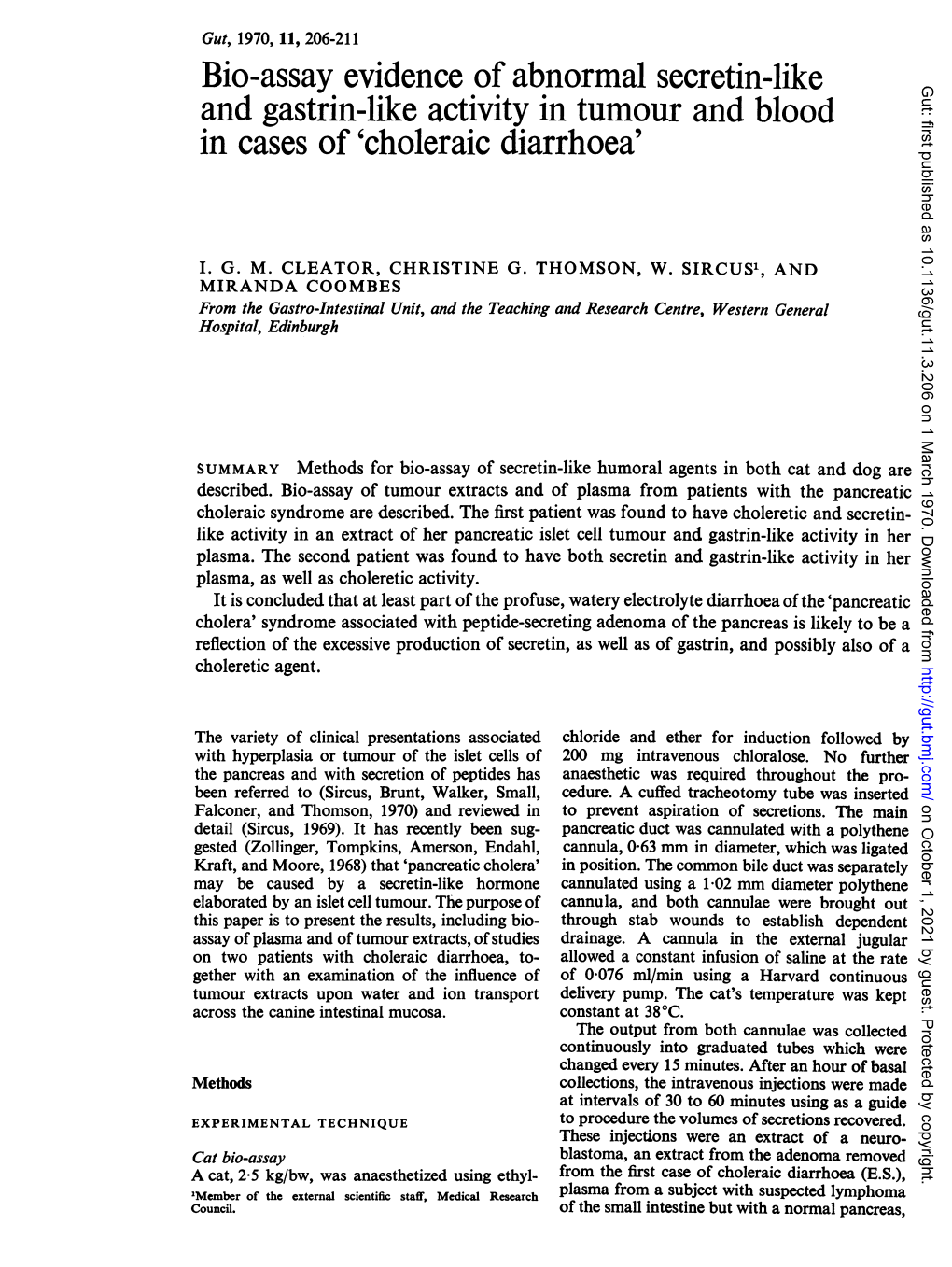 Bio-Assay Evidenceof Abnormal Secretin-Like and Gastrin-Like Activity in Tumour and Blood in Cases Of'choleraic Diarrhoea'