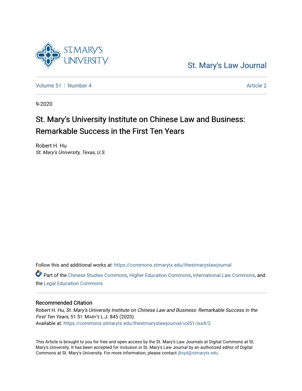 St. Mary's University Institute on Chinese Law and Business