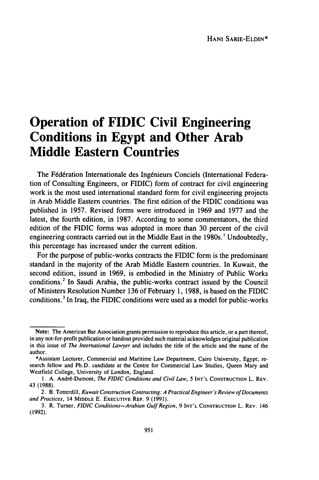 Operation of FIDIC Civil Engineering Conditions in Egypt and Other Arab Middle Eastern Countries