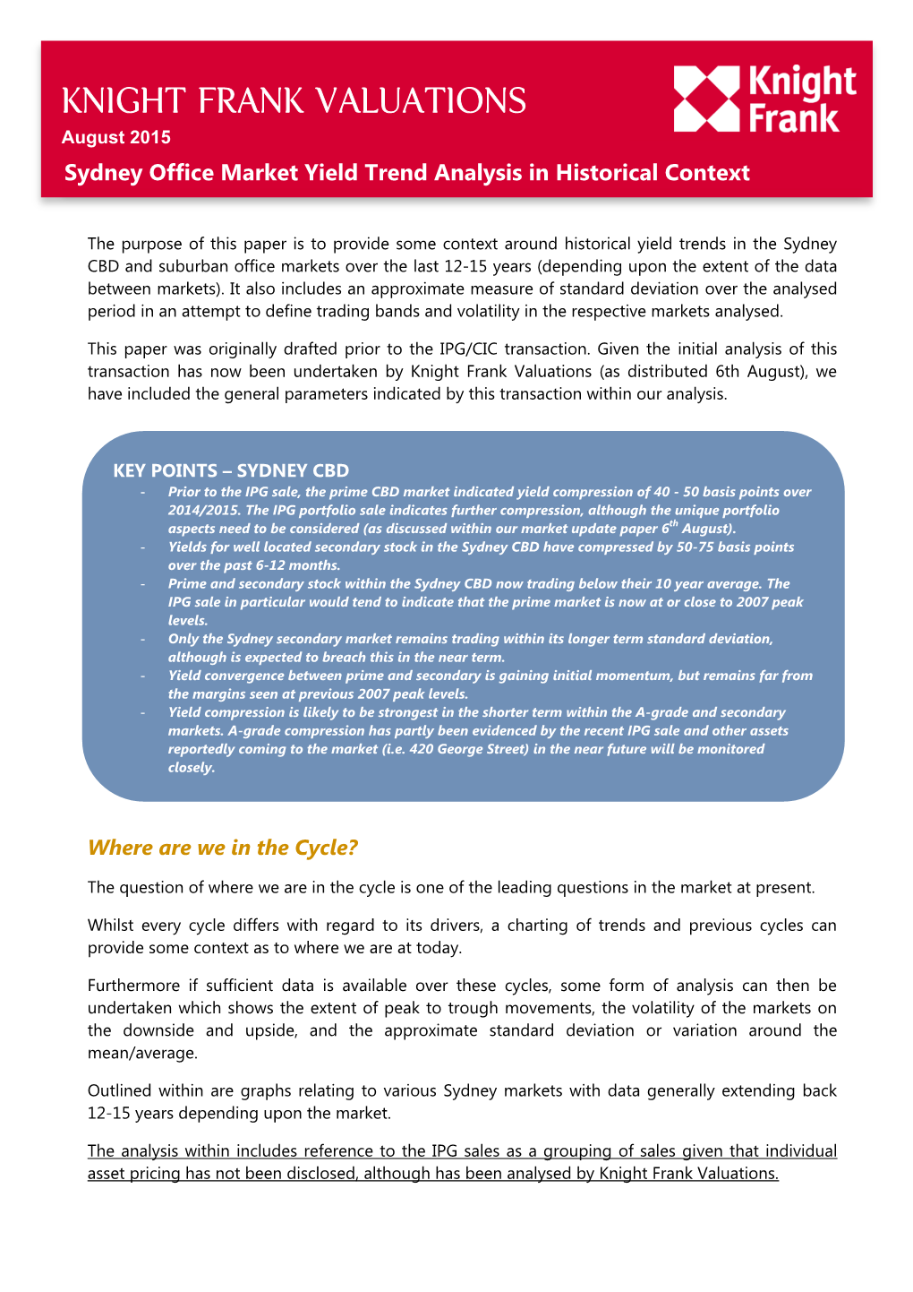 Knight Frank Valuations August 2015 Sydney Office Market Yield Trend Analysis in Historical Context