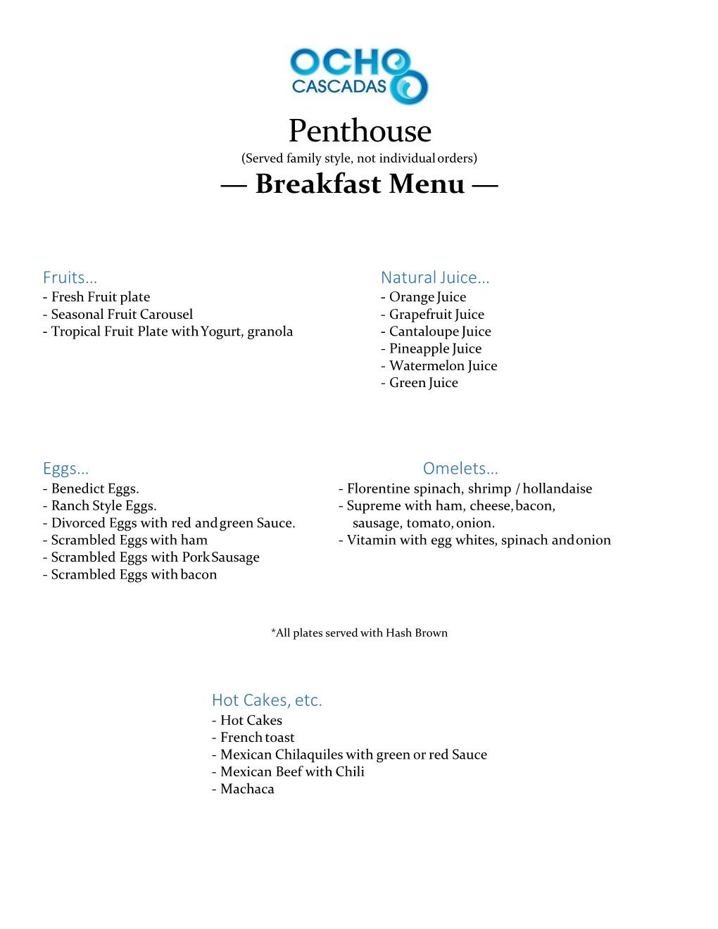 Penthouse Sample Menu