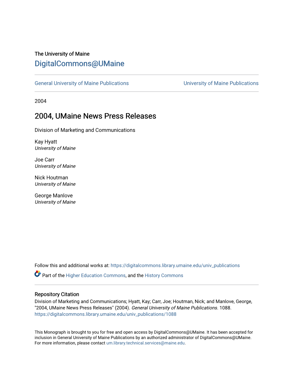 2004, Umaine News Press Releases