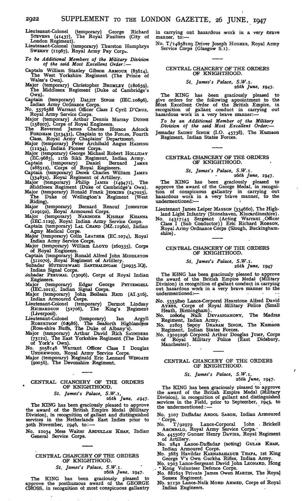 Supplement to the London Gazette, 26 June, 1947