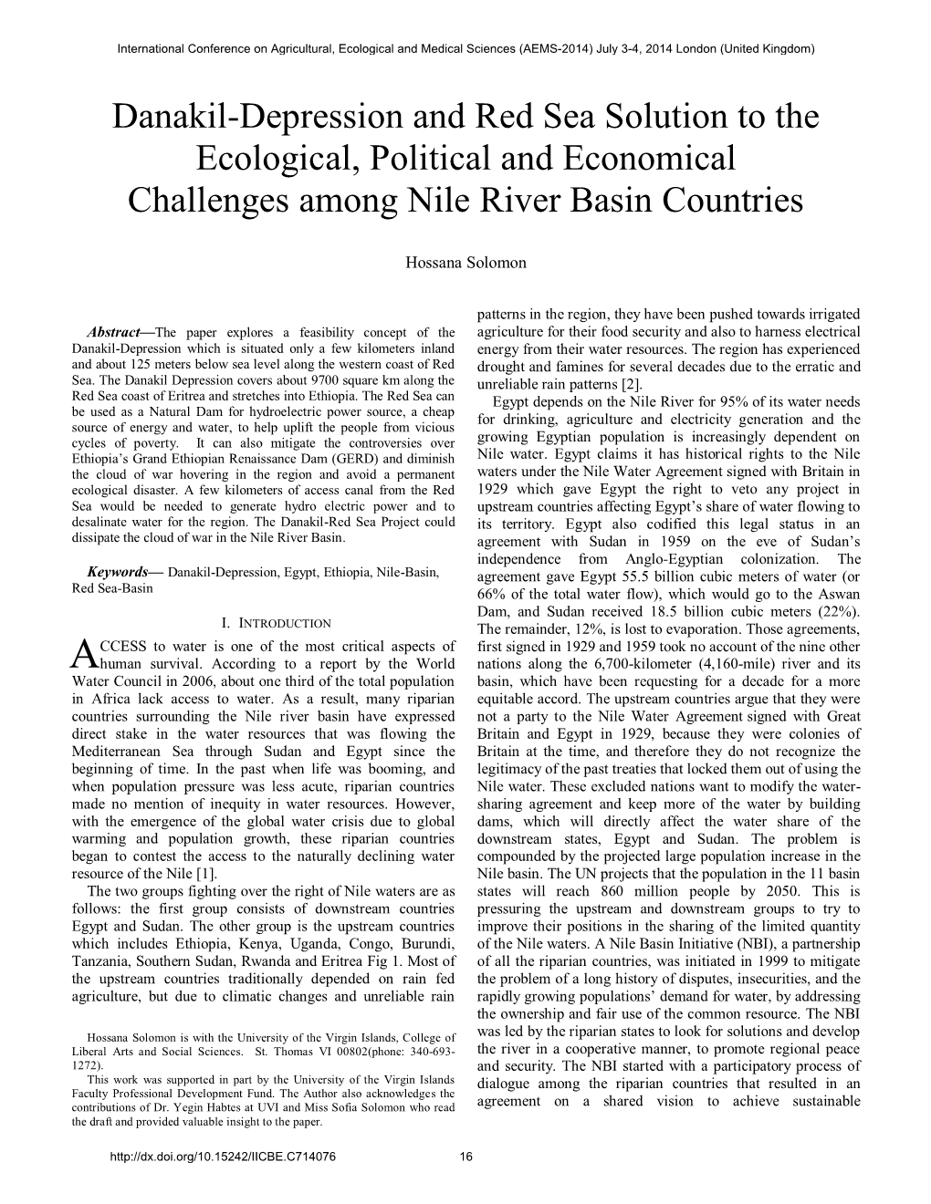 Danakil-Depression and Red Sea Solution to the Ecological, Political and Economical Challenges Among Nile River Basin Countries