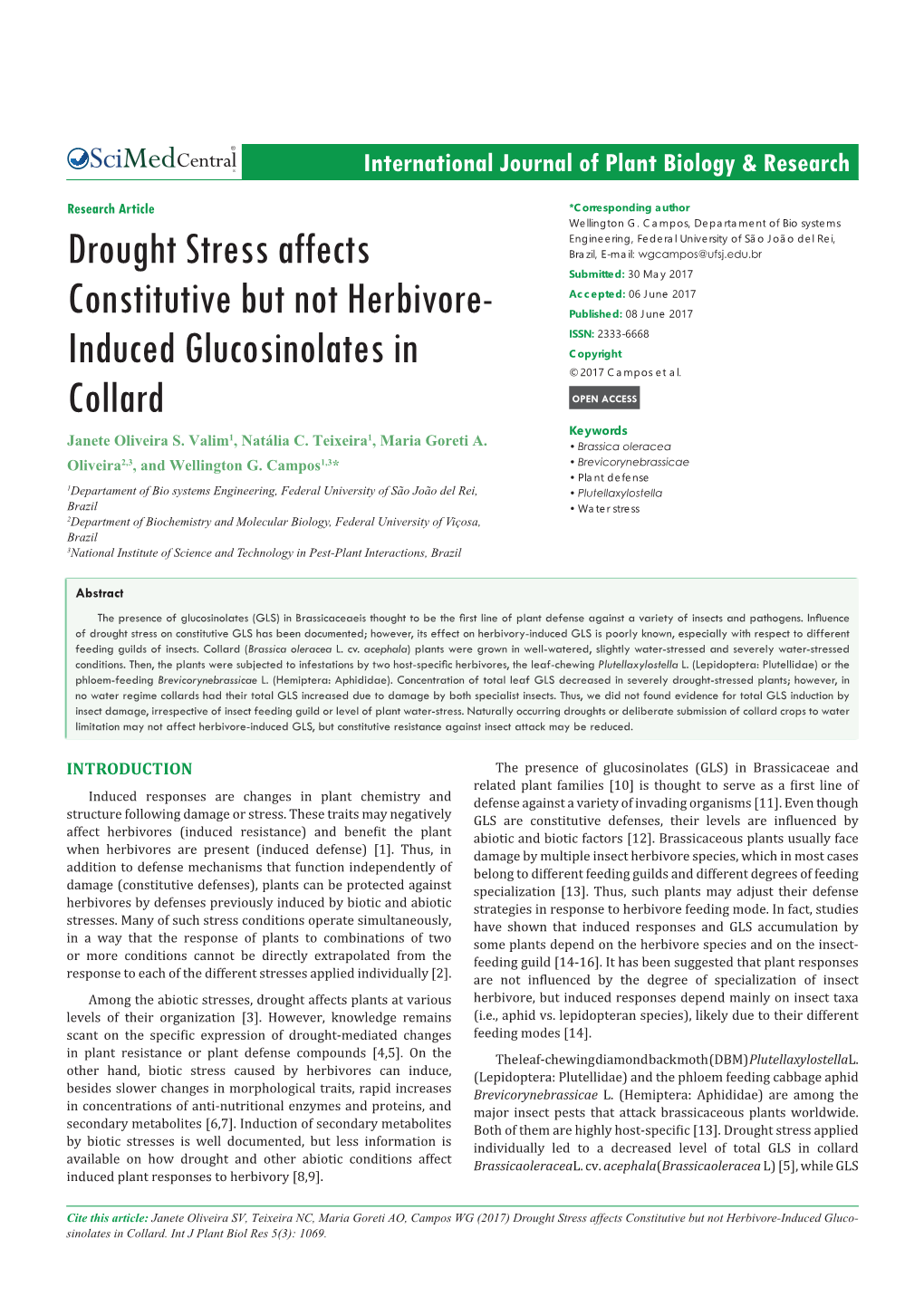 Drought Stress Affects Constitutive but Not Herbivore-Induced Gluco- Sinolates in Collard