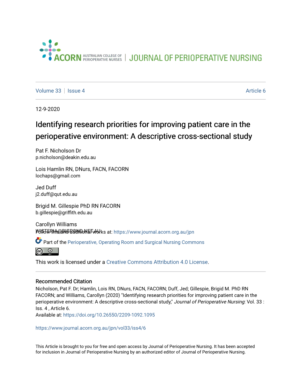 Identifying Research Priorities for Improving Patient Care in the Perioperative Environment: a Descriptive Cross-Sectional Study