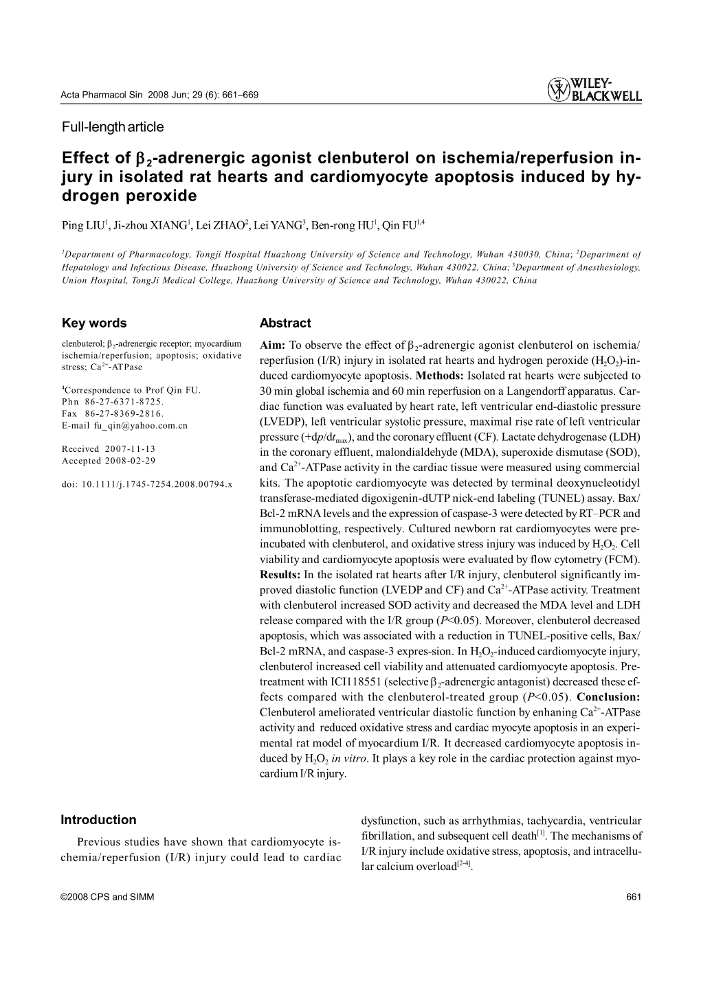 Effect of Β2-Adrenergic Agonist Clenbuterol on Ischemia/Reperfusion In- Jury in Isolated Rat Hearts and Cardiomyocyte Apoptosis Induced by Hy- Drogen Peroxide