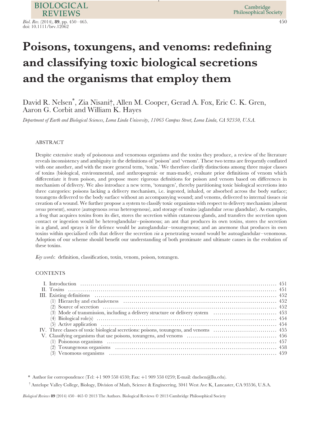 Poisons, Toxungens, and Venoms: Redefining and Classifying Toxic Biological Secretions and the Organisms That Employ Them