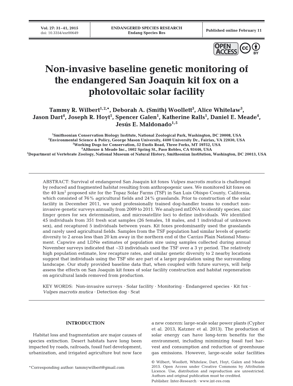 Non-Invasive Baseline Genetic Monitoring of the Endangered San Joaquin Kit Fox on a Photovoltaic Solar Facility