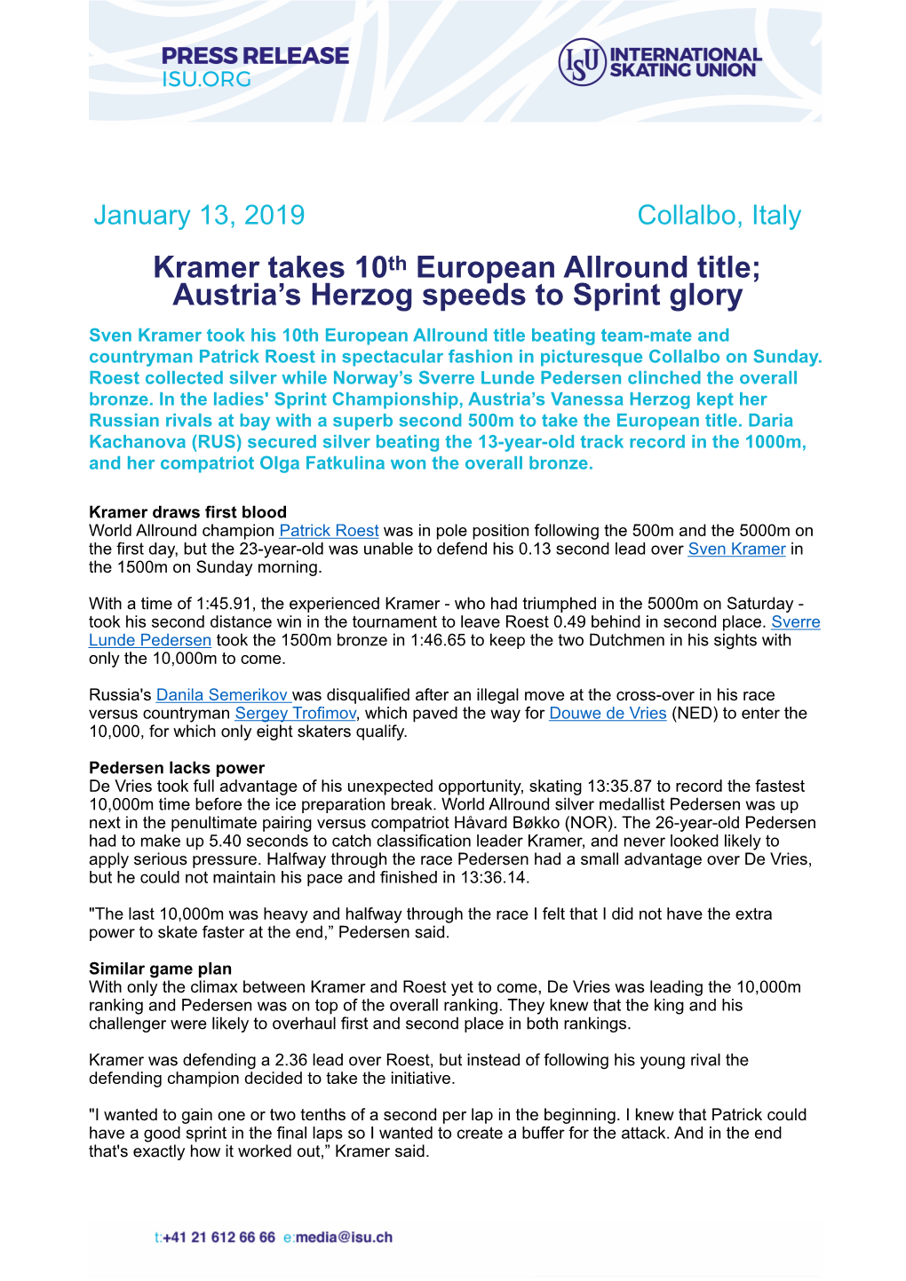 Kramer Takes 10Th European Allround Title; Austria's Herzog Speeds To