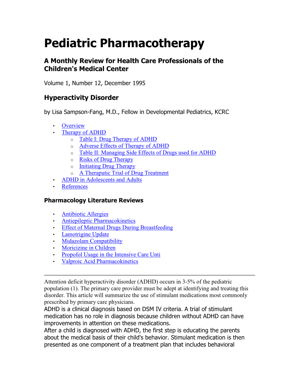 Pediatric Pharmacotherapy