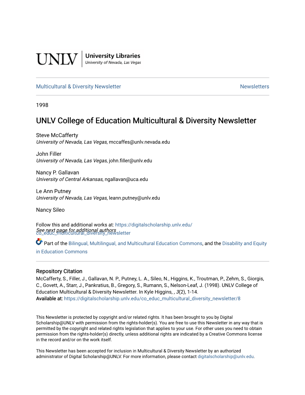 UNLV College of Education Multicultural & Diversity Newsletter