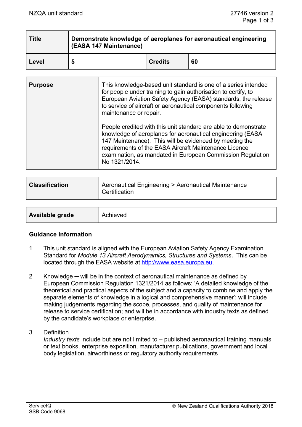 27746 Demonstrate Knowledge of Aeroplanes for Aeronautical Engineering (EASA 147 Maintenance)