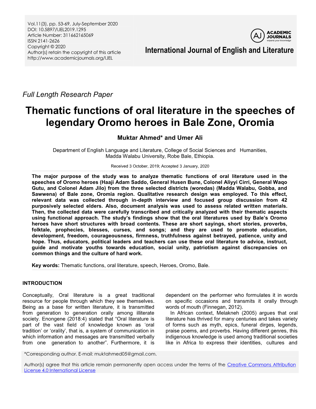 Thematic Functions of Oral Literature in the Speeches of Legendary Oromo Heroes in Bale Zone, Oromia