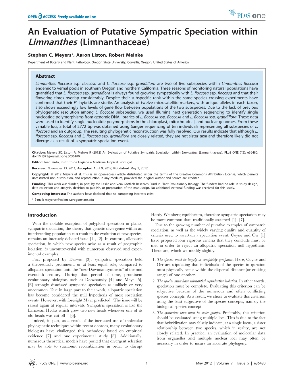 An Evaluation of Putative Sympatric Speciation Within Limnanthes (Limnanthaceae)