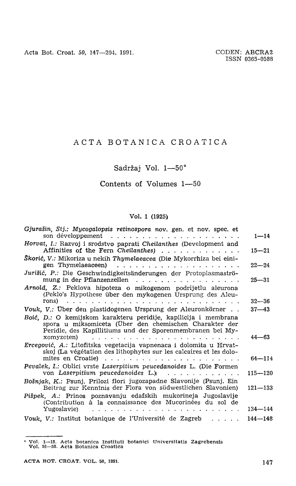 ACTA BOTANICA CROATICA Sadržaj Vol. 1—50* Contents of Volumes 1—50